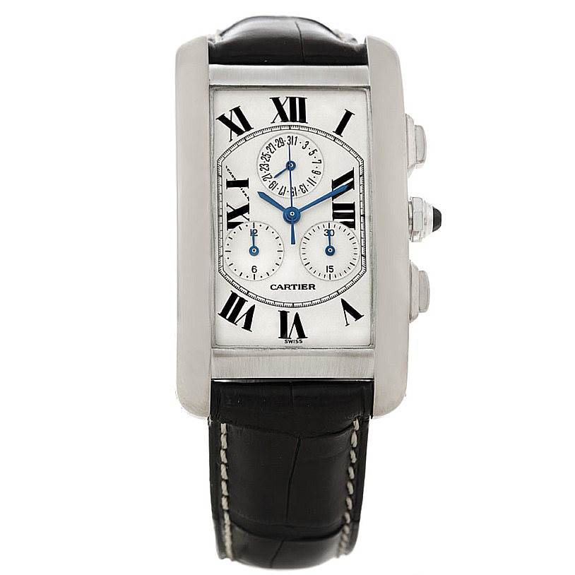 The image shows a front view of the Cartier Tank Americaine W2603358 Men's White Gold Silver Dial W2603358 Men's White Gold Silver Dial watch, highlighting its face, strap, and side buttons.
