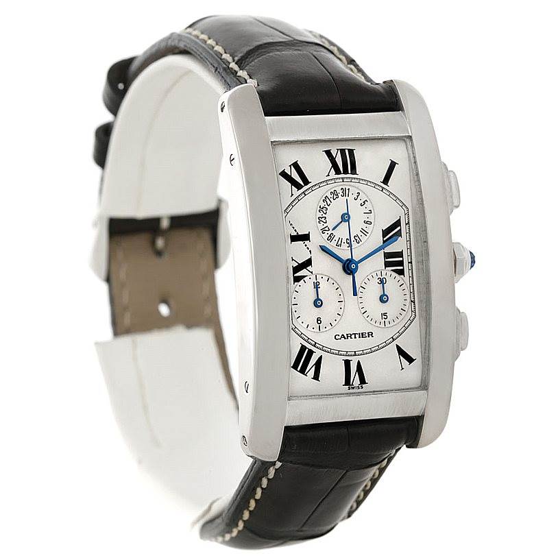 The image shows a side-front angle of a Cartier Tank Americaine W2603358 Men's White Gold Silver Dial W2603358 Men's White Gold Silver Dial watch, highlighting its face, case, and strap.