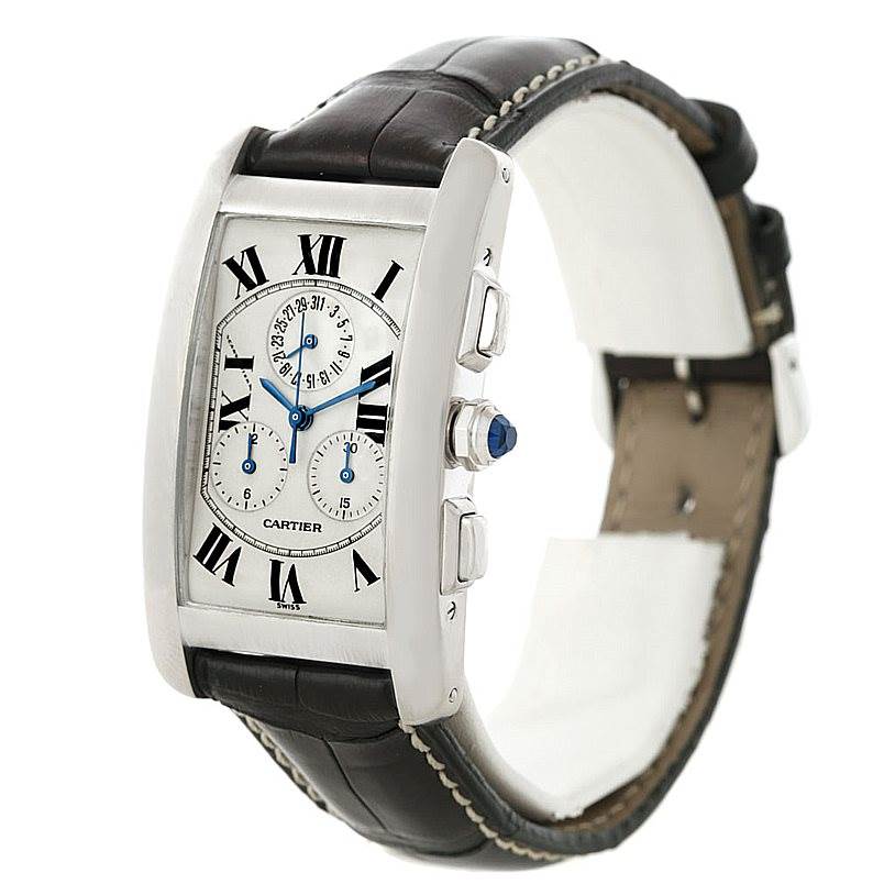 This image shows a side view of the Tank Americaine watch by Cartier, featuring its face, strap, and side buttons.