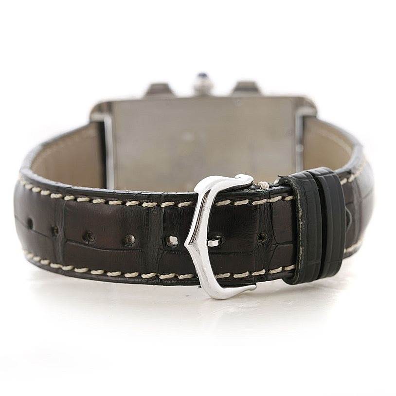 The image shows the back and buckle of a Cartier Tank Americaine W2603358 Men's White Gold Silver Dial W2603358 Men's White Gold Silver Dial watch, featuring a black leather strap.