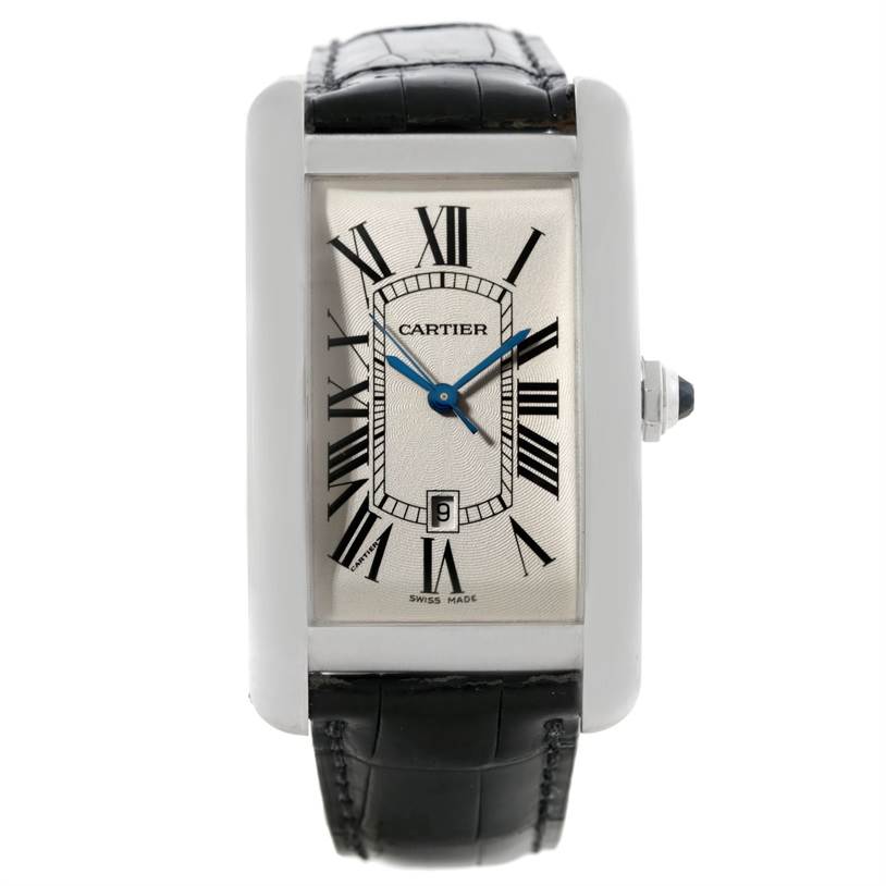 The image shows a front view of the Cartier Tank Americaine W2603256 Men's White Gold Silver Dial W2603256 Men's White Gold Silver Dial watch, highlighting its rectangular dial, Roman numerals, and leather strap.