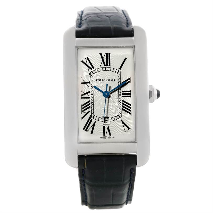 Front view of the Tank Americaine model by Cartier, showing the face, Roman numerals, and leather strap.