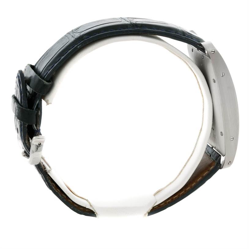 The image shows a Cartier Tank Americaine W2603256 Men's White Gold Silver Dial W2603256 Men's White Gold Silver Dial watch in side profile, highlighting the case, lugs, and strap.