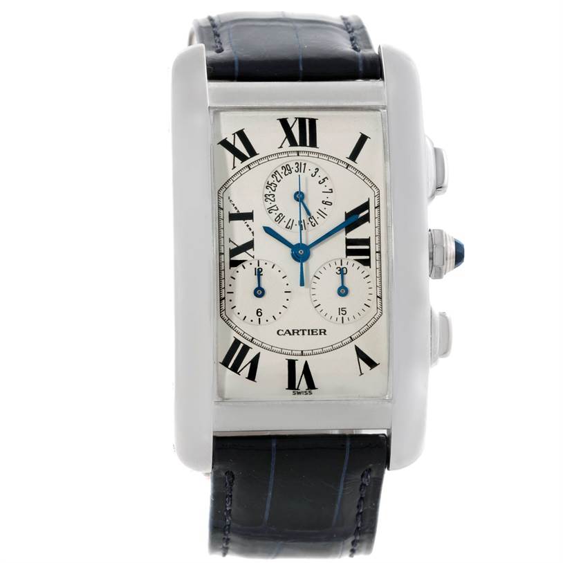 The image shows a front view of the Cartier Tank Americaine W2603358 White Gold Silver Dial W2603358 White Gold Silver Dial watch with its dial, hour markers, and strap visible.
