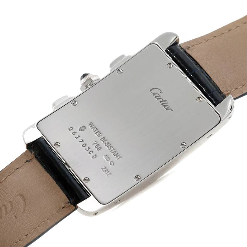 The image shows the back case of a Cartier Tank Americaine W2603358 White Gold Silver Dial W2603358 White Gold Silver Dial watch, including strap and adjustment buttons.