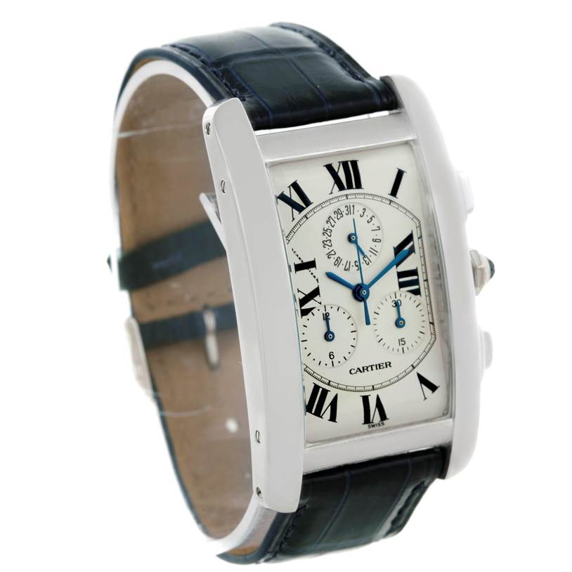 The image shows a Tank Americaine model by Cartier, displaying the watch face, case, strap, and side buttons at a slight angle.