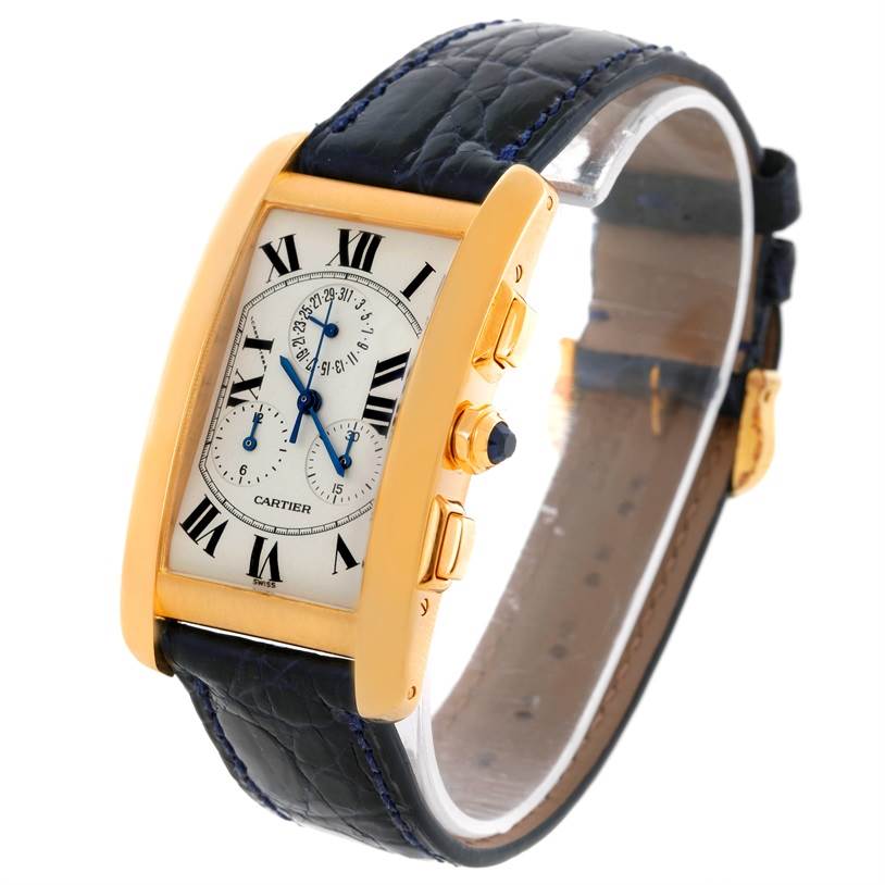 The Cartier Tank Americaine W2601156 Men
s Yellow Gold Silver Dial W2601156 Men
s Yellow Gold Silver Dial watch is shown at a three-quarter angle, displaying its face, strap, and side buttons.