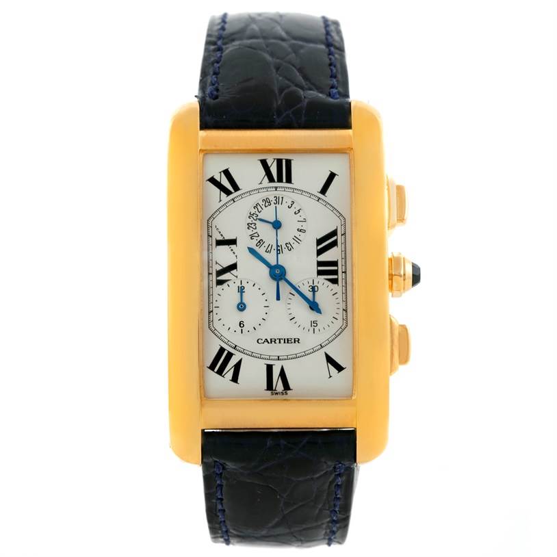 The image shows a Cartier Tank Americaine W2601156 Men
s Yellow Gold Silver Dial W2601156 Men
s Yellow Gold Silver Dial watch from a front view, highlighting its rectangular dial, Roman numerals, and strap.