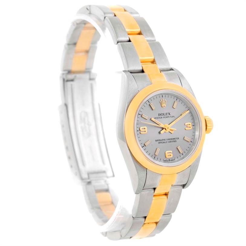 The image shows a Rolex Oyster Perpetual 76183 Women's Steel and Gold (two tone) Grey Dial 76183 Women's Steel and Gold (two tone) Grey Dial watch at a three-quarter angle, highlighting the dial, bracelet, and clasp.