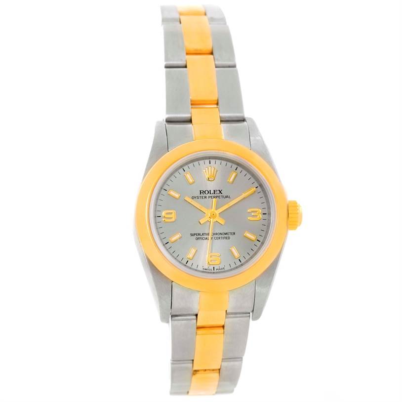 The Rolex Oyster Perpetual 76183 Women's Steel and Gold (two tone) Grey Dial 76183 Women's Steel and Gold (two tone) Grey Dial watch is shown from the front angle, displaying the face, bracelet, and crown.