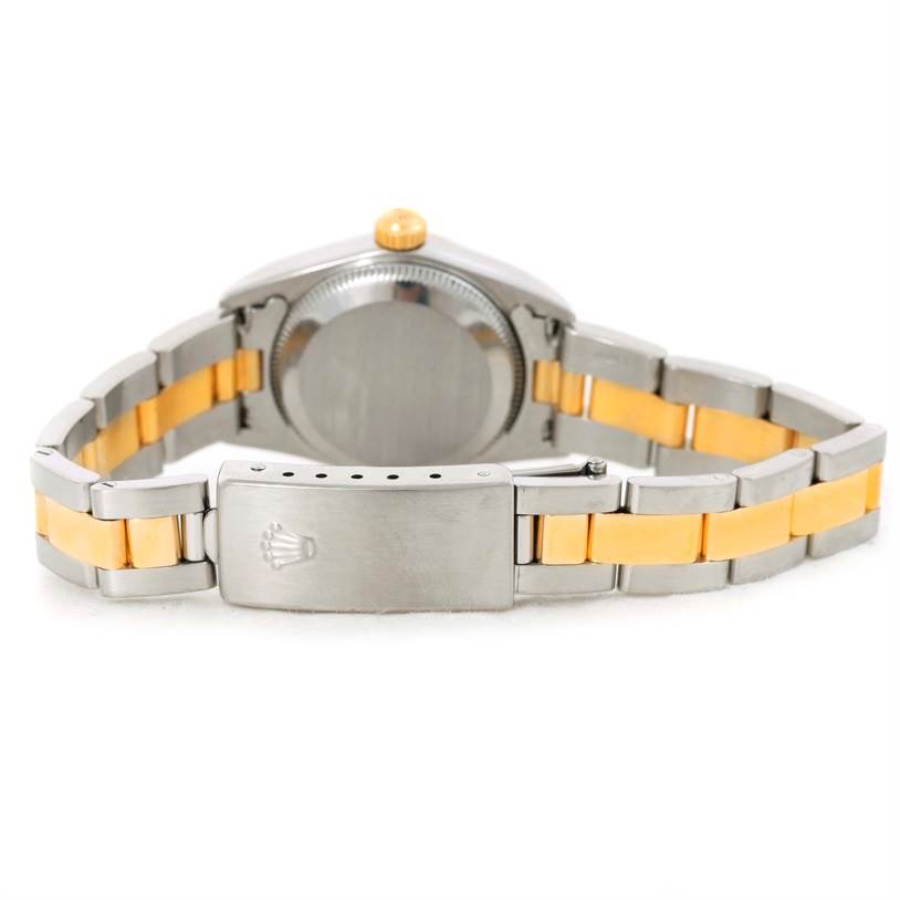 This image shows the back view and bracelet of a Rolex Oyster Perpetual 76183 Women's Steel and Gold (two tone) Grey Dial 76183 Women's Steel and Gold (two tone) Grey Dial watch.