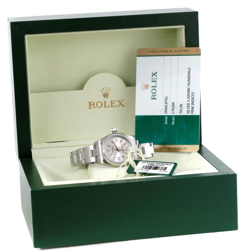 The image shows a Rolex Oyster Perpetual 176200 Women's Stainless Steel Silver Dial 176200 Women's Stainless Steel Silver Dial watch in its box, alongside its guarantee card.