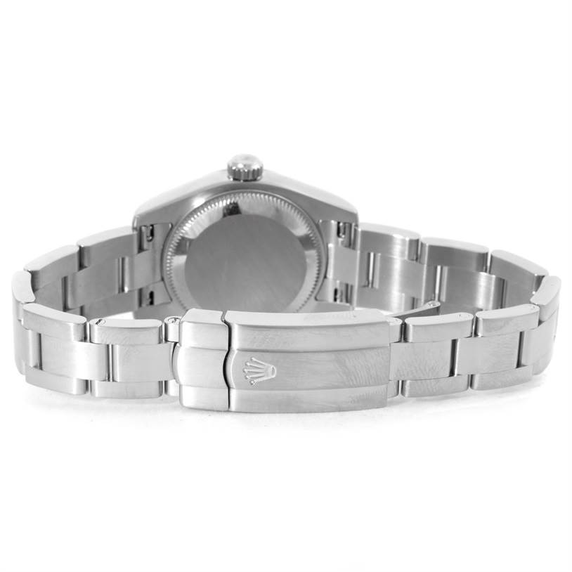 The image shows the back case and bracelet of a Rolex Oyster Perpetual 176200 Women's Stainless Steel Silver Dial 176200 Women's Stainless Steel Silver Dial watch, with the clasp and crown logo visible.