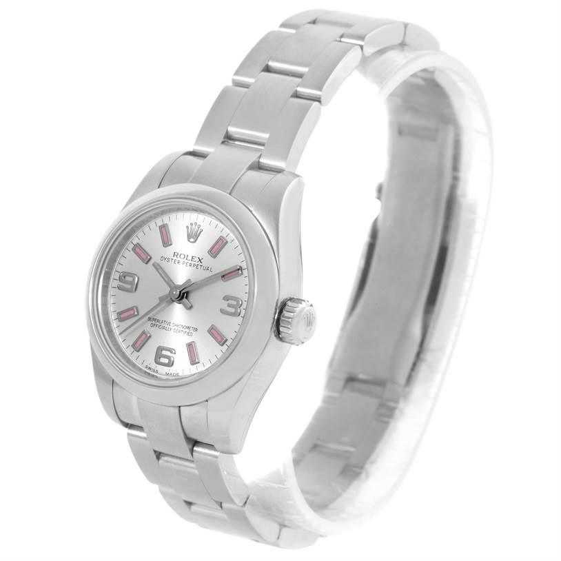 The image shows a side angle of a Rolex Oyster Perpetual 176200 Women's Stainless Steel Silver Dial 176200 Women's Stainless Steel Silver Dial watch, highlighting the dial, bezel, and bracelet.