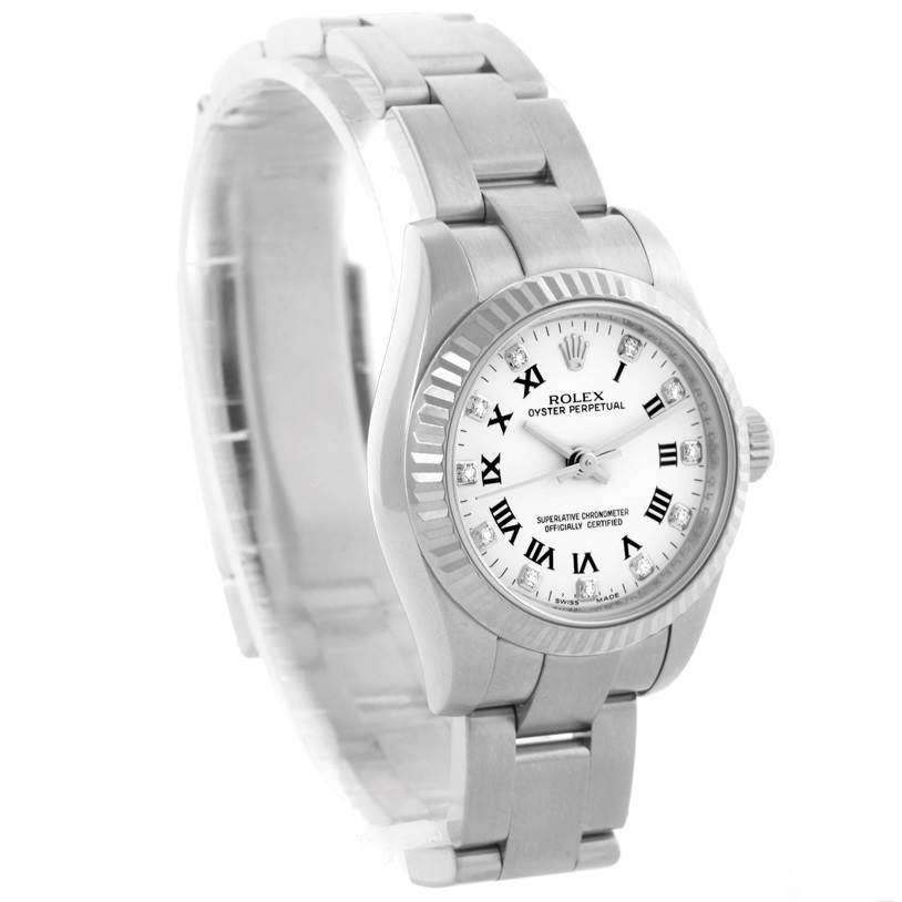 This image shows a front angle of the Rolex Oyster Perpetual 176234 Women's Stainless Steel White Dial 176234 Women's Stainless Steel White Dial watch, highlighting the dial, bezel, and bracelet.