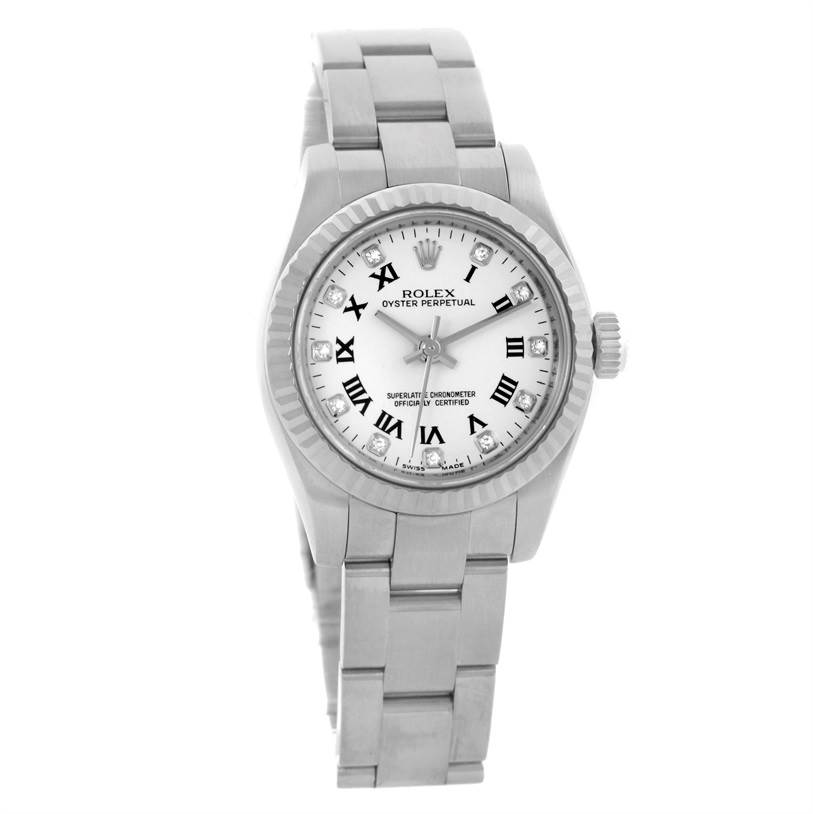 The image shows a front view of a Rolex Oyster Perpetual 176234 Women's Stainless Steel White Dial 176234 Women's Stainless Steel White Dial watch, highlighting its face, bezel, bracelet, and crown.
