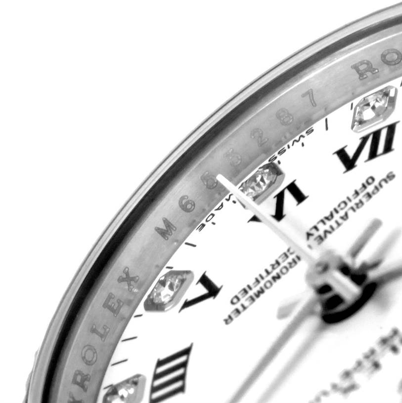 The image shows a close-up of the dial and bezel of a Rolex Oyster Perpetual 176234 Women's Stainless Steel White Dial 176234 Women's Stainless Steel White Dial watch, highlighting the brand name and part of the serial number.