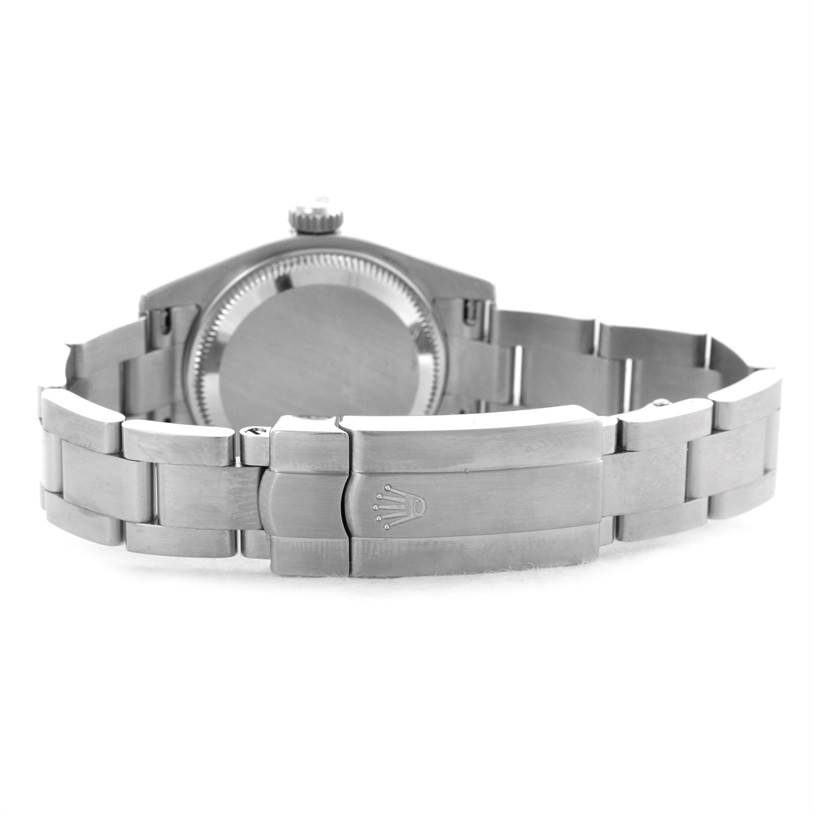 This image shows the back view of the Rolex Oyster Perpetual 176234 Women's Stainless Steel White Dial 176234 Women's Stainless Steel White Dial watch, highlighting its clasp and bracelet.