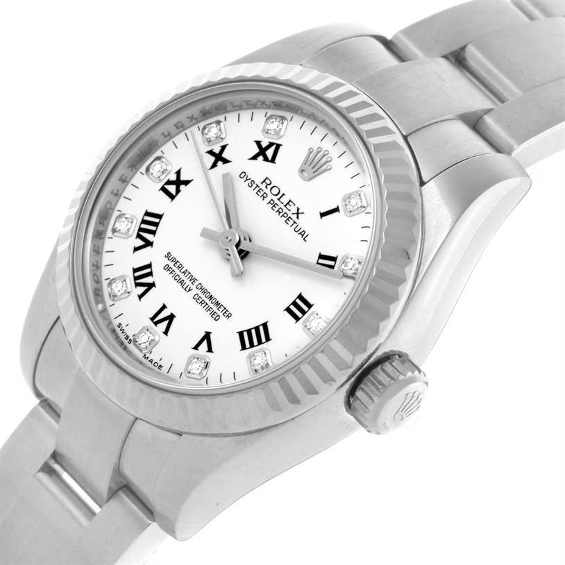 The image shows a side angle of the Rolex Oyster Perpetual 176234 Women's Stainless Steel White Dial 176234 Women's Stainless Steel White Dial watch, highlighting its dial, bezel, crown, and part of the bracelet.