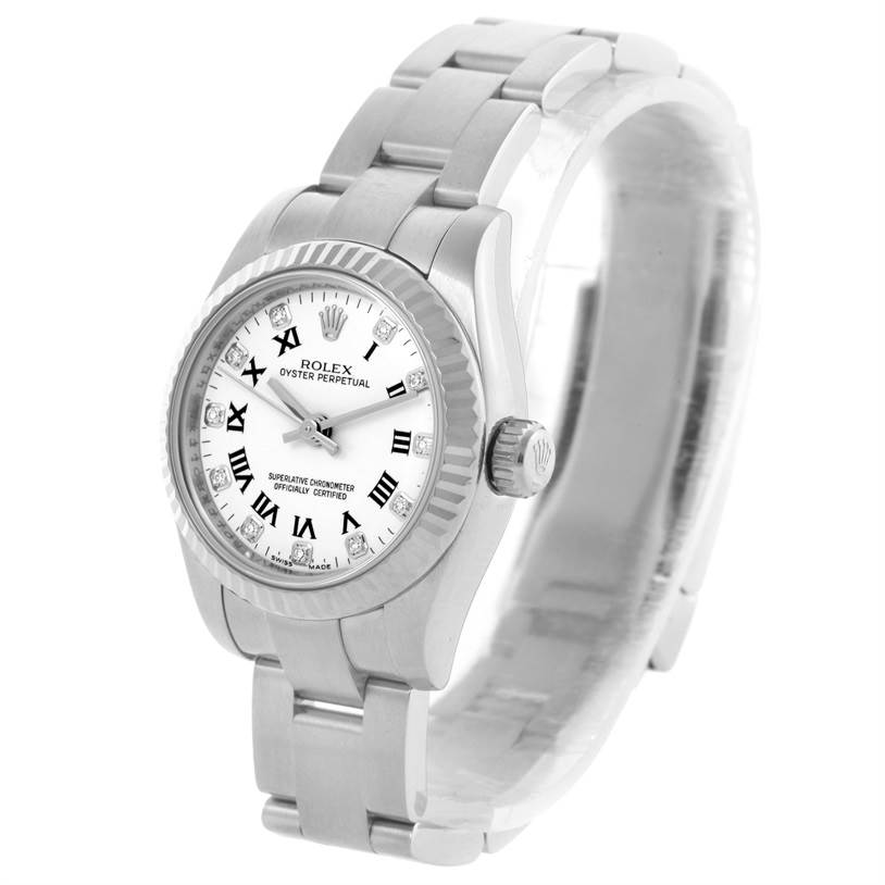 The Rolex Oyster Perpetual 176234 Women's Stainless Steel White Dial 176234 Women's Stainless Steel White Dial watch is shown at a three-quarter angle, displaying the face, bezel, crown, and part of the bracelet.