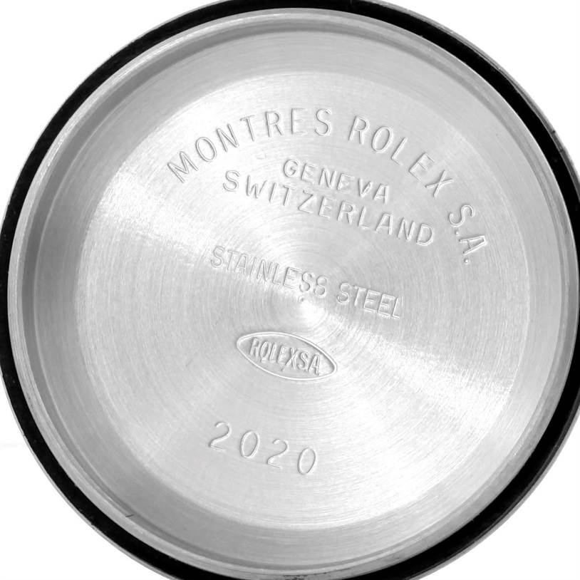 This image shows the inside of the case back of a Rolex Oyster Perpetual 76030 Women's Stainless Steel Pink Dial 76030 Women's Stainless Steel Pink Dial watch, engraved with brand details and the year 2020.