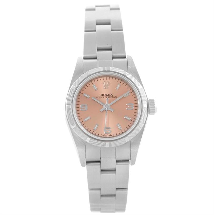 This image shows the front view of a Rolex Oyster Perpetual 76030 Women's Stainless Steel Pink Dial 76030 Women's Stainless Steel Pink Dial watch with a silver bracelet and a pink dial.
