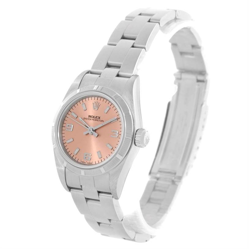 This Rolex Oyster Perpetual 76030 Women's Stainless Steel Pink Dial 76030 Women's Stainless Steel Pink Dial watch is shown at a front angle, displaying its face, dial, crown, and stainless steel bracelet.