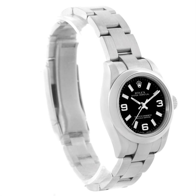 This image shows a front angled view of a Rolex Oyster Perpetual 176200 Women's Stainless Steel Black Dial 176200 Women's Stainless Steel Black Dial watch, displaying the bracelet, case, and dial.