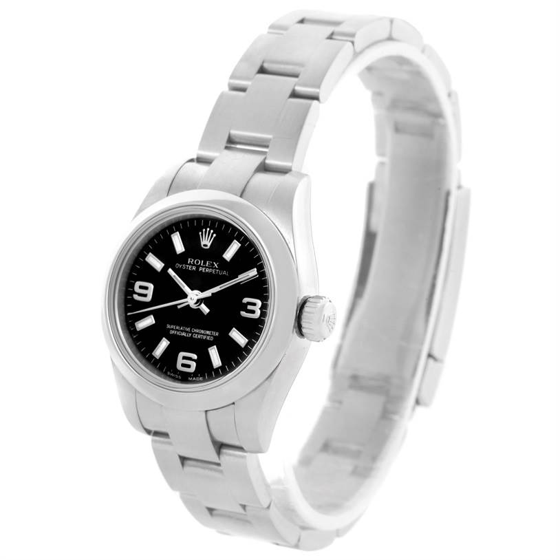 This image shows a Rolex Oyster Perpetual 176200 Women's Stainless Steel Black Dial 176200 Women's Stainless Steel Black Dial model watch at a slight angle, displaying the watch face, bezel, crown, and part of the bracelet.