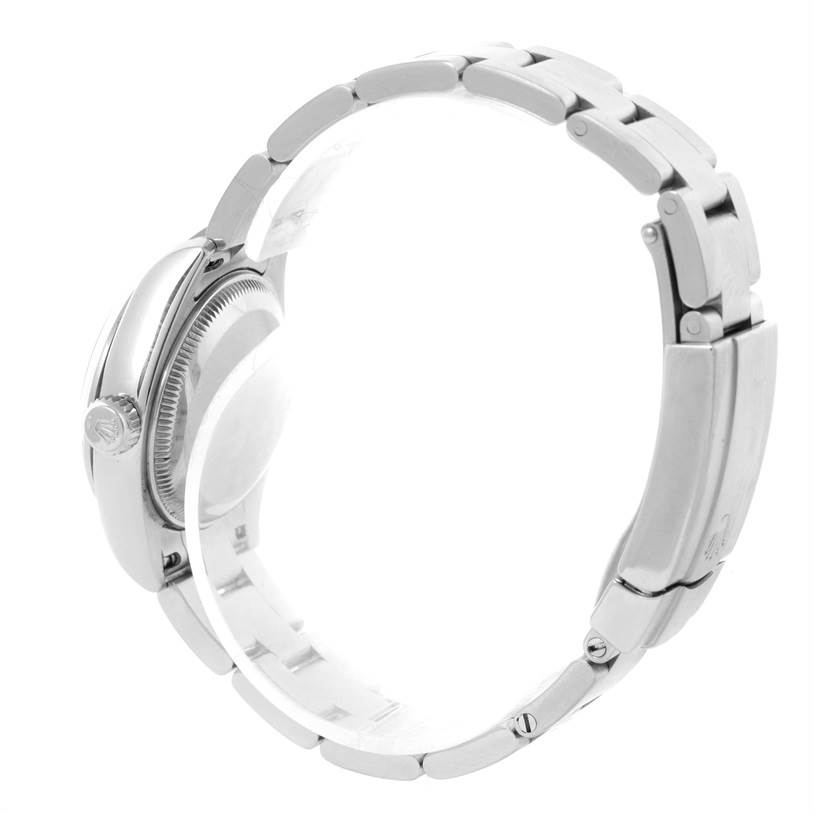 The image shows the side view of a Rolex Oyster Perpetual 176200 Women's Stainless Steel Black Dial 176200 Women's Stainless Steel Black Dial watch, highlighting the case, crown, and bracelet.