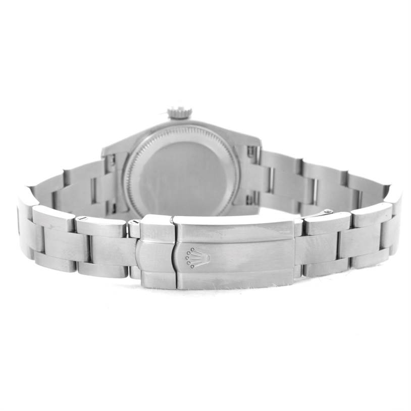 This image shows the Oyster Perpetual Rolex watch from the back, highlighting the bracelet and clasp.