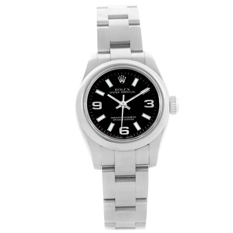 The image shows a Rolex Oyster Perpetual 176200 Women's Stainless Steel Black Dial 176200 Women's Stainless Steel Black Dial watch from a top-down angle, highlighting the dial, bezel, and bracelet.
