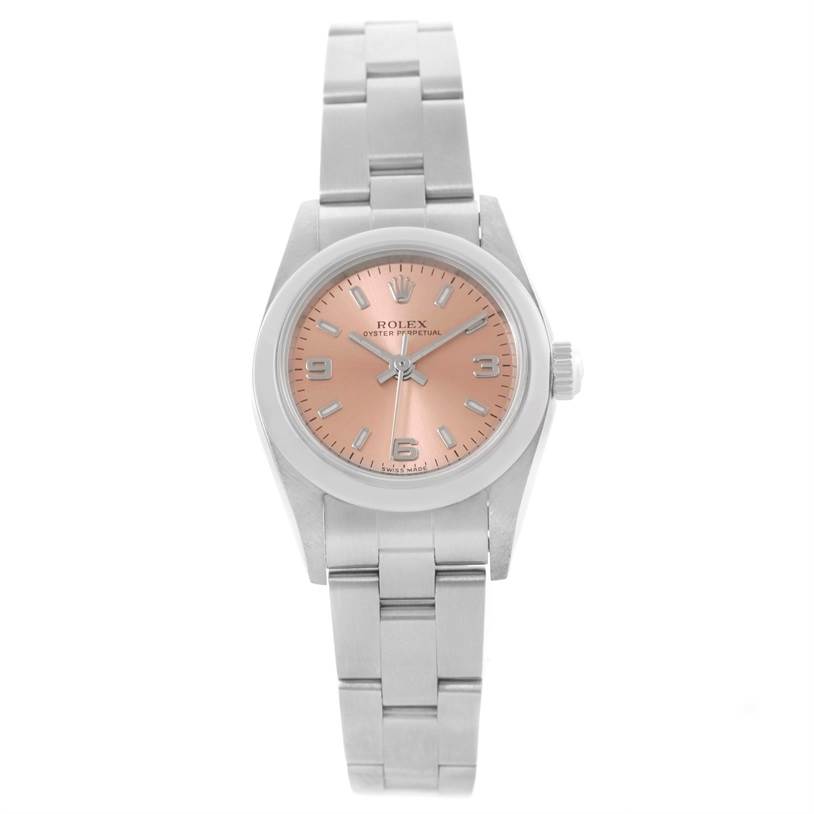 The image shows a Rolex Oyster Perpetual 76080 Women's Stainless Steel Pink Dial 76080 Women's Stainless Steel Pink Dial watch from a top-down angle, highlighting the dial, casing, and bracelet.