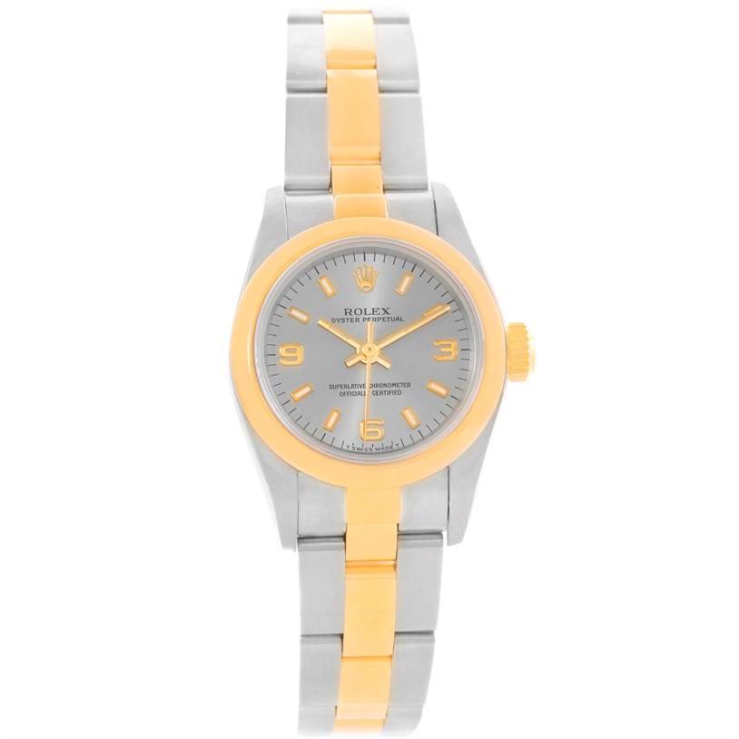 This image shows a front view of the Rolex Oyster Perpetual 67183 Women's Steel and Gold (two tone) Grey Dial 67183 Women's Steel and Gold (two tone) Grey Dial watch, featuring a two-tone bracelet and a grey dial with gold accents.