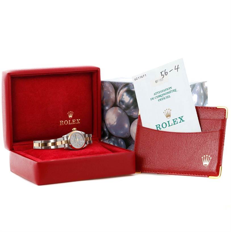 The image shows a Rolex Oyster Perpetual 67183 Women's Steel and Gold (two tone) Grey Dial 67183 Women's Steel and Gold (two tone) Grey Dial watch in an open red box at a front angle, alongside a certificate and cardholder.