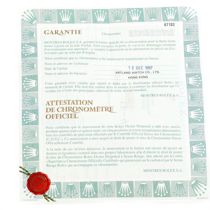 This image shows the warranty and official chronometer certification for a Rolex Oyster Perpetual 67183 Women's Steel and Gold (two tone) Grey Dial 67183 Women's Steel and Gold (two tone) Grey Dial watch.