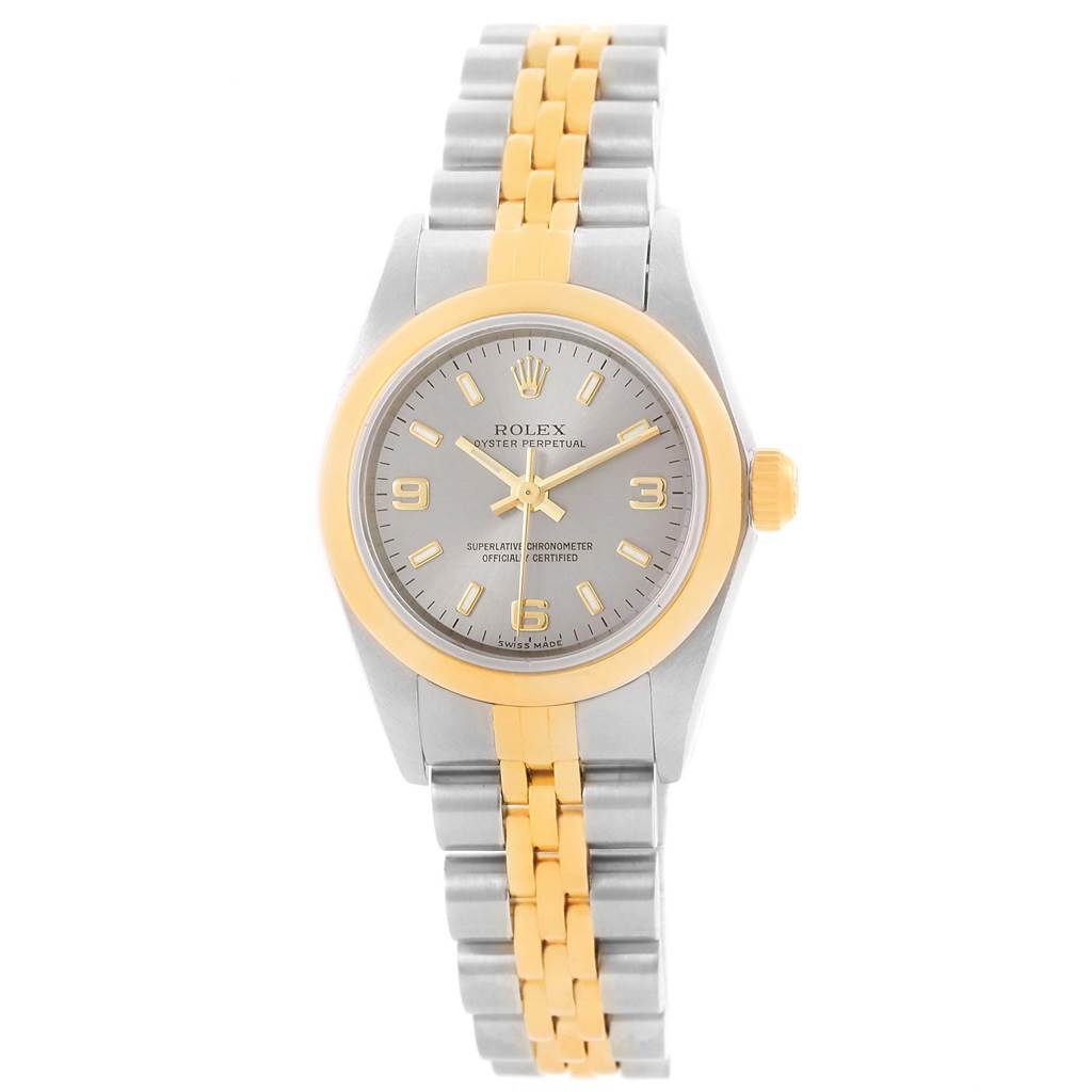 This image shows a front view of a Rolex Oyster Perpetual 76183 Women's Steel and Gold (two tone) Grey Dial 76183 Women's Steel and Gold (two tone) Grey Dial watch with a two-tone gold and silver bracelet and a grey dial.