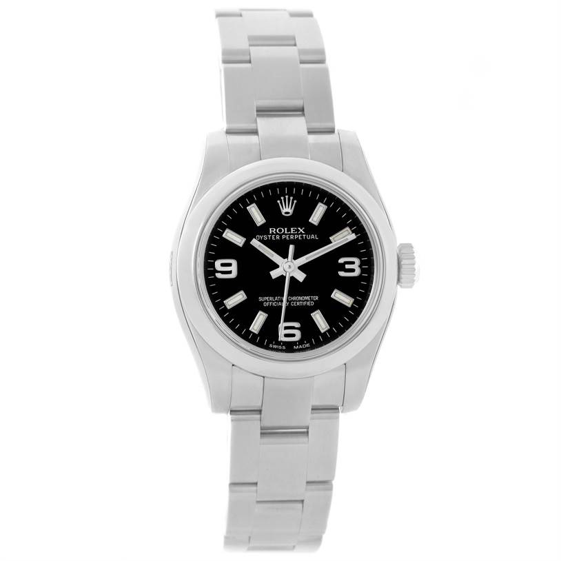 The image shows a Rolex Oyster Perpetual 176200 Women's Stainless Steel Black Dial 176200 Women's Stainless Steel Black Dial watch from a front angle, highlighting its face, bezel, and stainless steel bracelet.