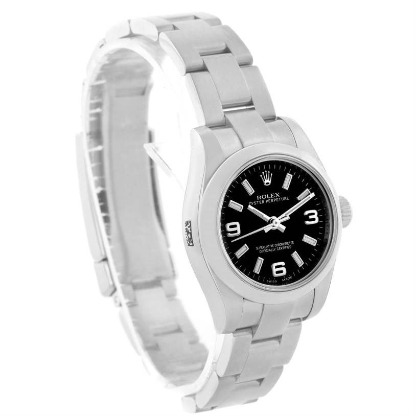 The image shows a side angle of a Rolex Oyster Perpetual 176200 Women's Stainless Steel Black Dial 176200 Women's Stainless Steel Black Dial watch, displaying its stainless steel bracelet and black dial.