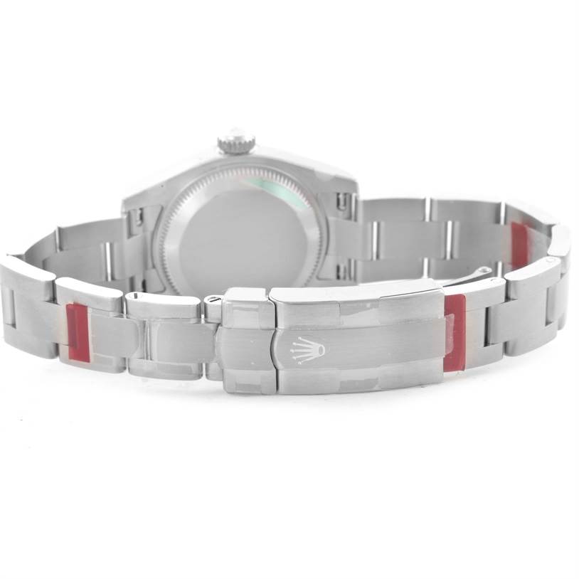 This image shows the back view of the Rolex Oyster Perpetual 176200 Women's Stainless Steel Black Dial 176200 Women's Stainless Steel Black Dial watch, highlighting its stainless steel bracelet and clasp.