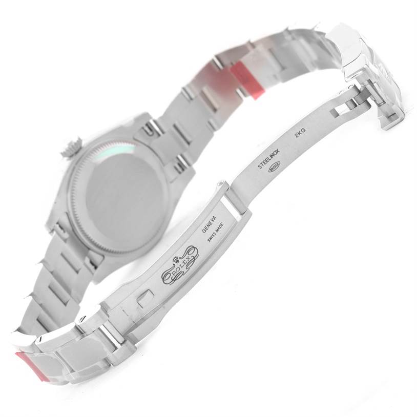 The image shows the underside and clasp of a Rolex Oyster Perpetual 176200 Women's Stainless Steel Black Dial 176200 Women's Stainless Steel Black Dial watch, highlighting the bracelet and engravings.