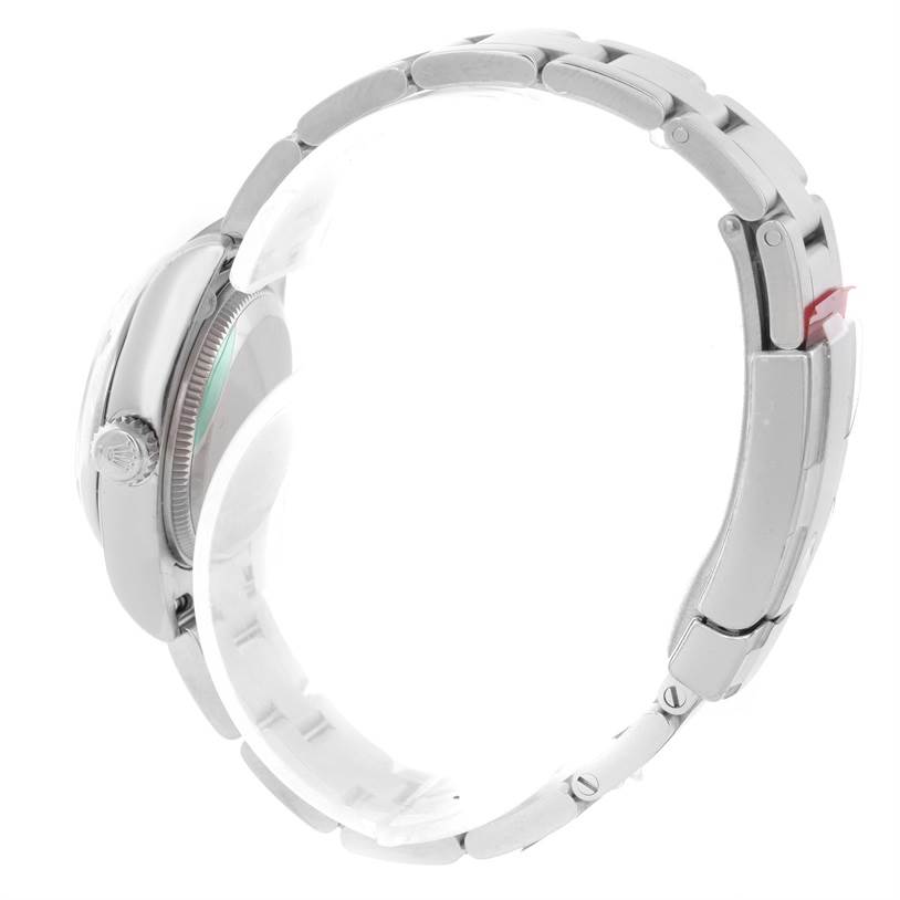 The image shows a side view of the Rolex Oyster Perpetual 176200 Women's Stainless Steel Black Dial 176200 Women's Stainless Steel Black Dial watch highlighting the crown, case, and bracelet.