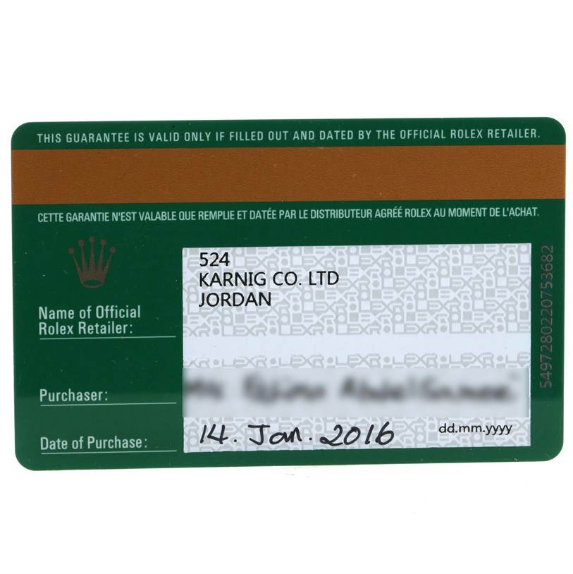 The image shows a guarantee card for a Rolex Oyster Perpetual 176200 Women's Stainless Steel Black Dial 176200 Women's Stainless Steel Black Dial, including the retailer's information and date of purchase.