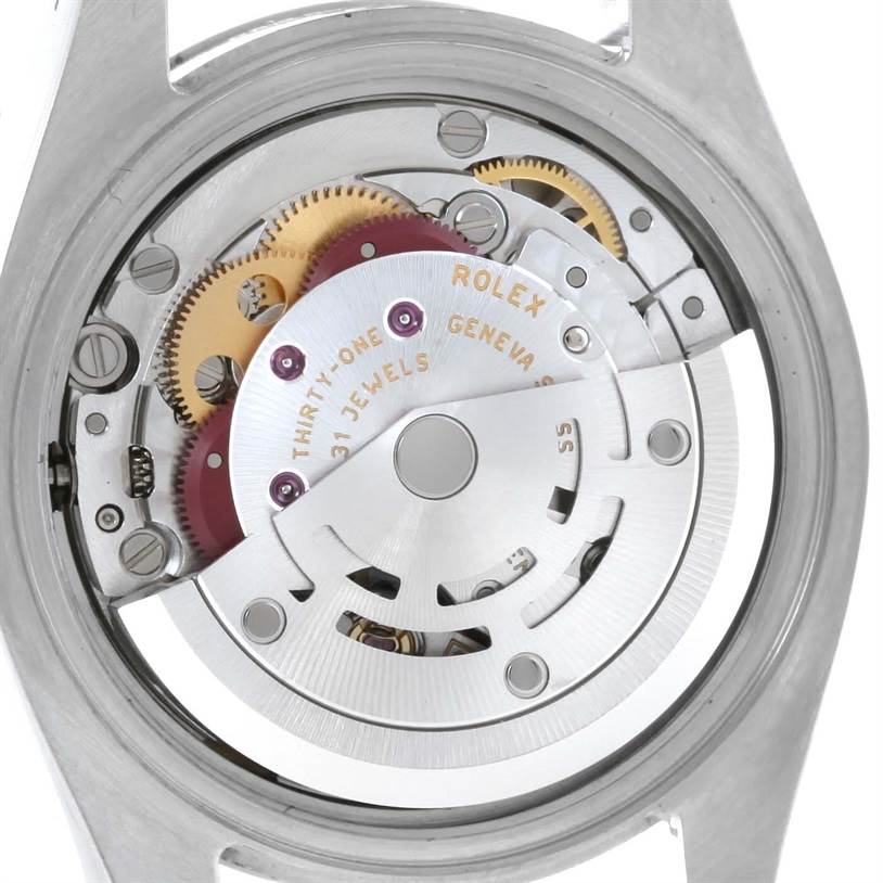 The image shows the inner mechanism and movement parts of a Rolex Oyster Perpetual 176200 Women's Stainless Steel White Dial 176200 Women's Stainless Steel White Dial watch from a back angle.