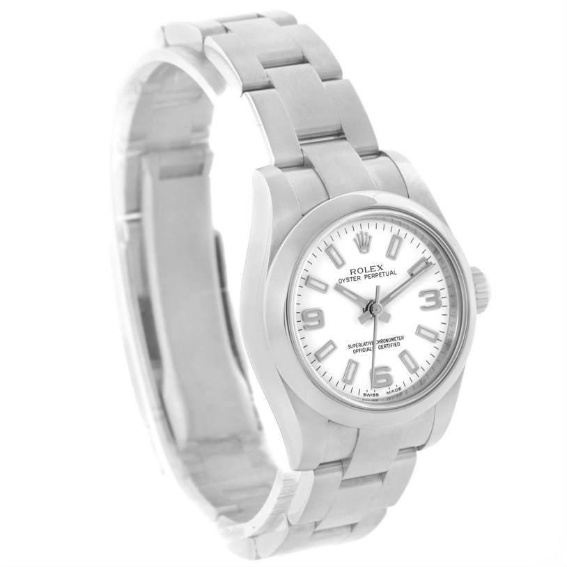 The Rolex Oyster Perpetual 176200 Women's Stainless Steel White Dial 176200 Women's Stainless Steel White Dial watch is shown at an angle highlighting the bracelet, case, and dial.