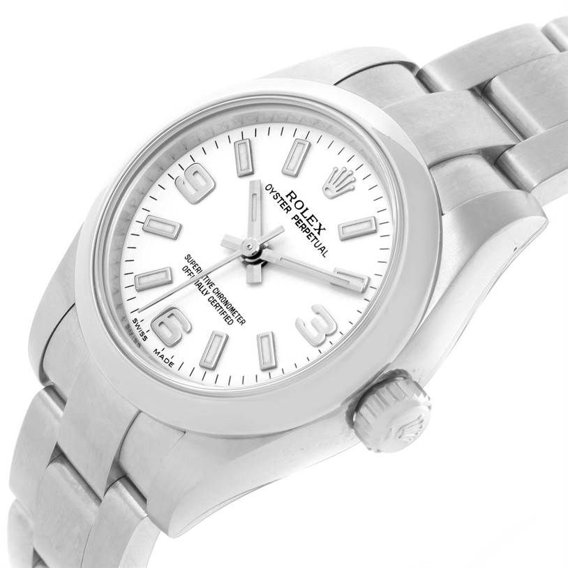 The image shows a close-up angled view of a Rolex Oyster Perpetual 176200 Women's Stainless Steel White Dial 176200 Women's Stainless Steel White Dial watch, highlighting its white dial, crown, and part of the bracelet.