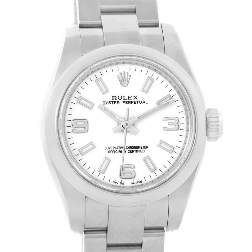 The image shows a frontal view of a Rolex Oyster Perpetual 176200 Women's Stainless Steel White Dial 176200 Women's Stainless Steel White Dial watch, displaying the dial, bezel, crown, and part of the bracelet.