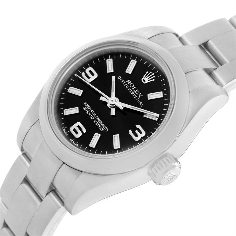 The image shows a Rolex Oyster Perpetual 176200 Women's Stainless Steel Black Dial 176200 Women's Stainless Steel Black Dial model watch at a three-quarter angle, highlighting the face, bezel, crown, and part of the bracelet.