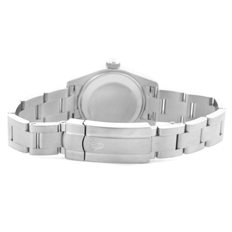 This image shows the back view of the Rolex Oyster Perpetual 176200 Women's Stainless Steel Black Dial 176200 Women's Stainless Steel Black Dial watch, highlighting the bracelet and clasp.