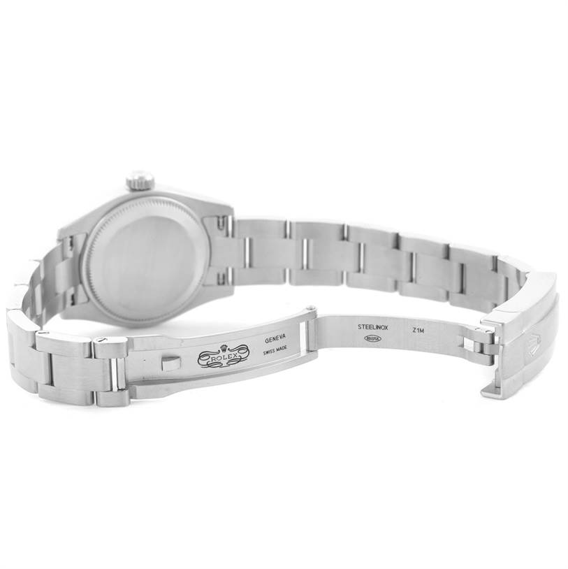 This image shows the back of a Rolex Oyster Perpetual 176200 Women's Stainless Steel Black Dial 176200 Women's Stainless Steel Black Dial watch, focusing on its open stainless steel bracelet and clasp.